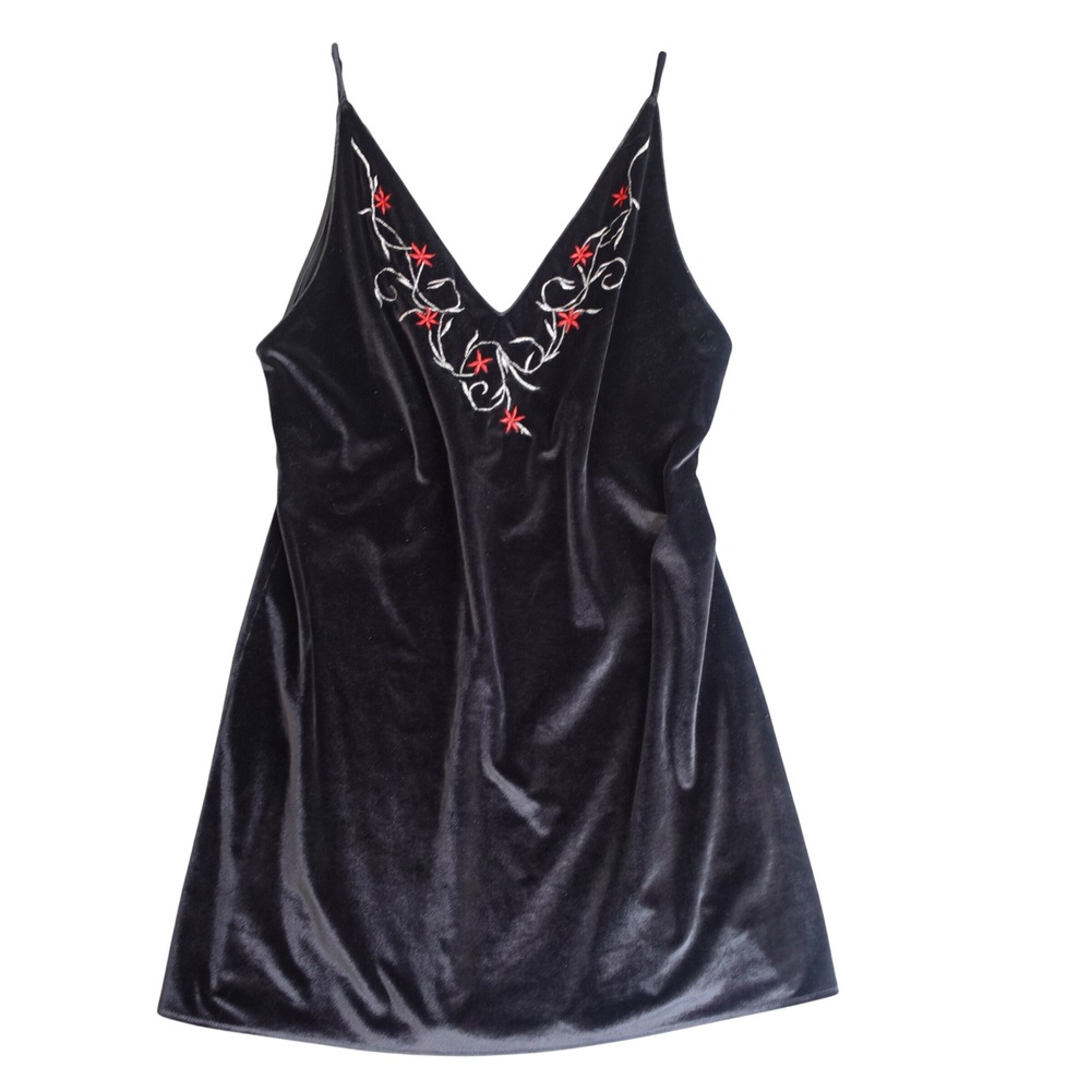 Vintage Victorias Secret Mini Slip Dress L Black Velvet Floral Embroidered Goth